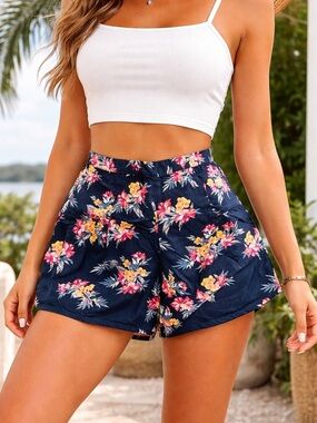 Hollister Navy Floral High-Waist Shorts with Pink & Yellow Blossoms